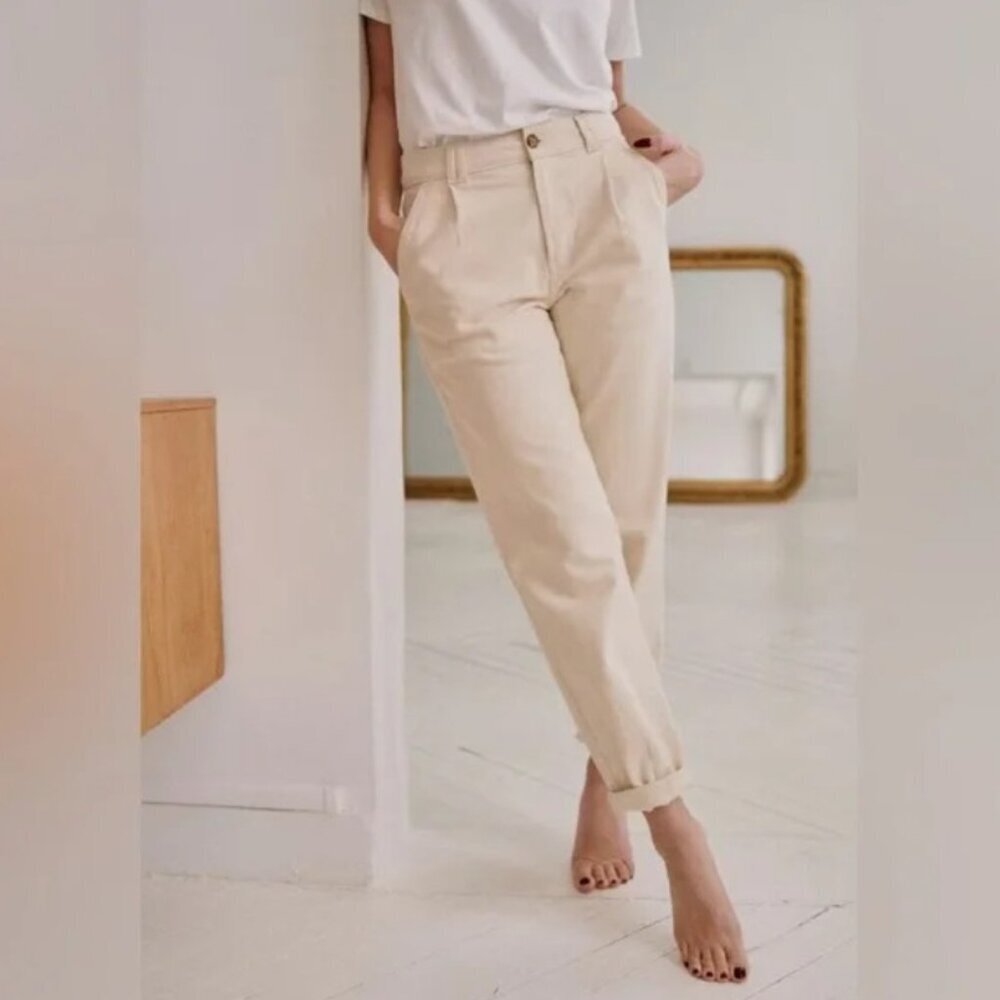Sezane Manu Trouser Mottled Ecru FR 44 US 12 Relaxed Fit Tapered Leg Jean